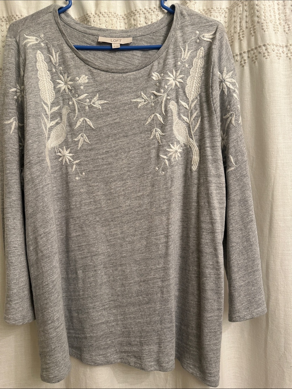 LOFT Gray Long-Sleeve Top with White Floral & Bird Embroidery